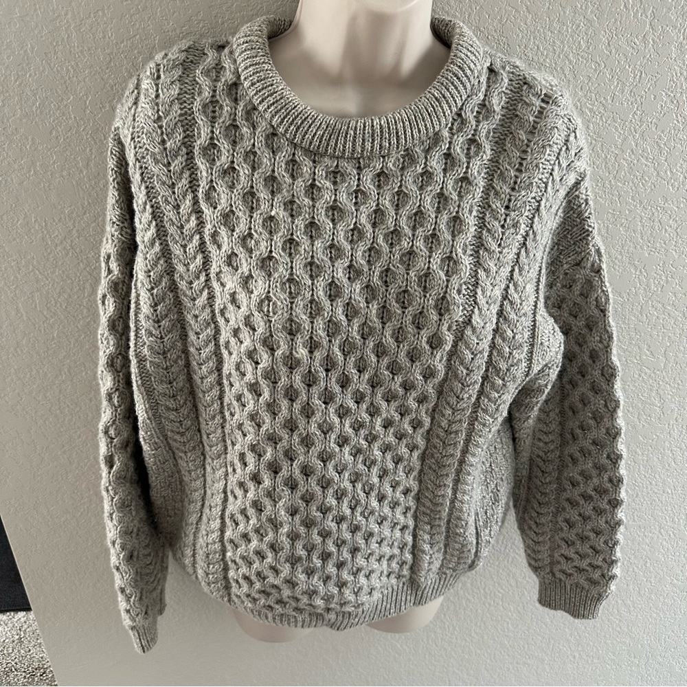 Aran Crafts Vintage Merino Wool Crew Neck Chunky Knit Fisherman Sweater
